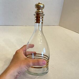 Vintage Glass Wine Decanter Gold Rings Design With Metal Stopper MCM Retro Decor